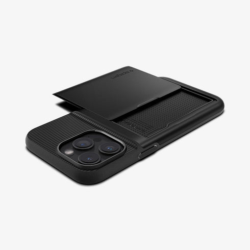ACS06589 - iPhone 15 Pro Max Case Slim Armor CS in black showing the back with card in slot